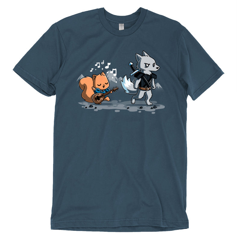 Premium Cotton T-shirt_Teeturtle Ballad of the Bard denim t-shirt featuring a squirrel playing a guitar with music notes around, while a wolf in armor holding a sword walks ahead in a mountain landscape.