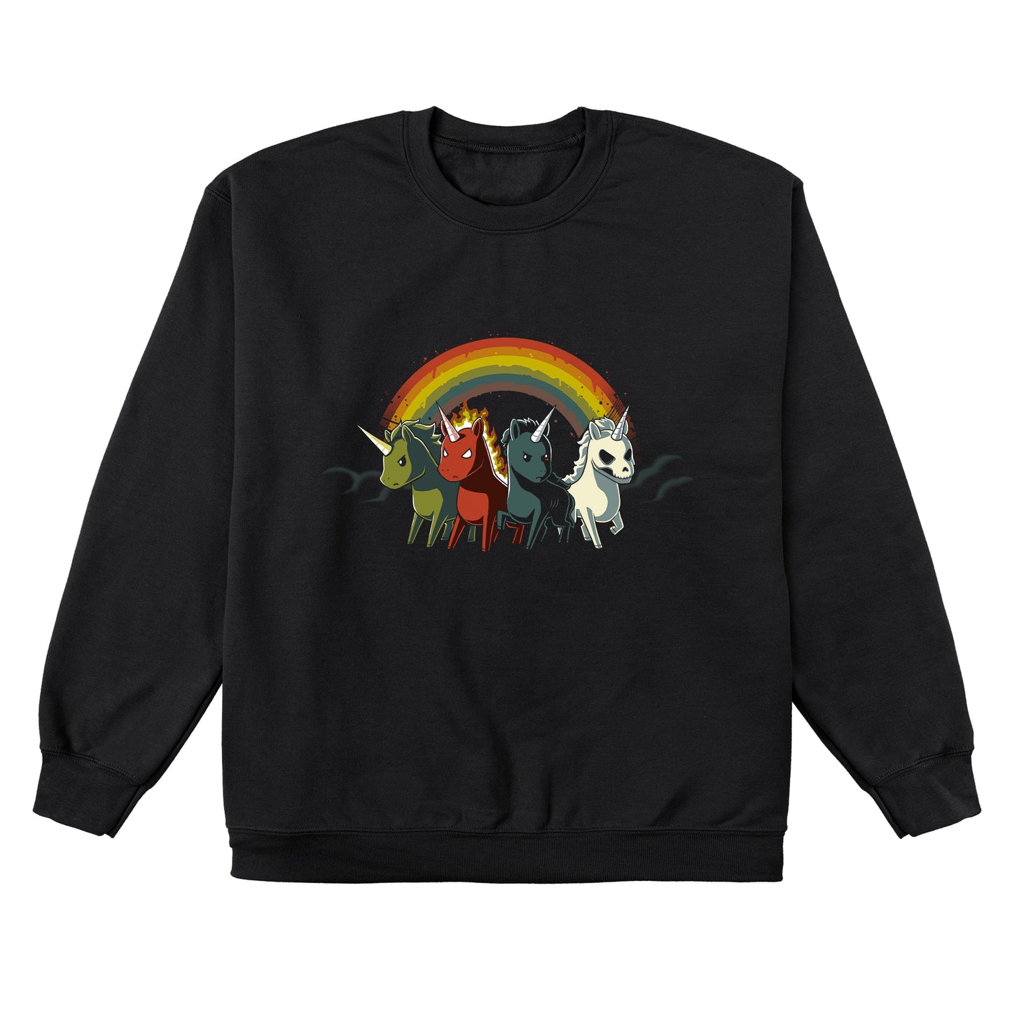 Crew Neck Sweatshirt_TeeTurtle black Four Unicorns of the Apocalypse. Featuring four apocalyptic unicorns with a rainbow in the background.