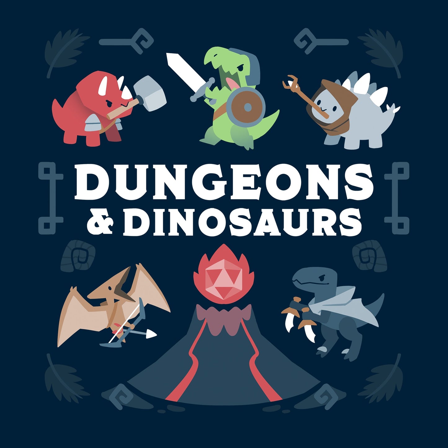 Classic Cotton T-shirt_TeeTurtle Dungeons & Dinosaurs navy blue t-shirt featuring an illustration of a volcano erupting surrounded by numerous cartoon dinosaurs holding weapons.