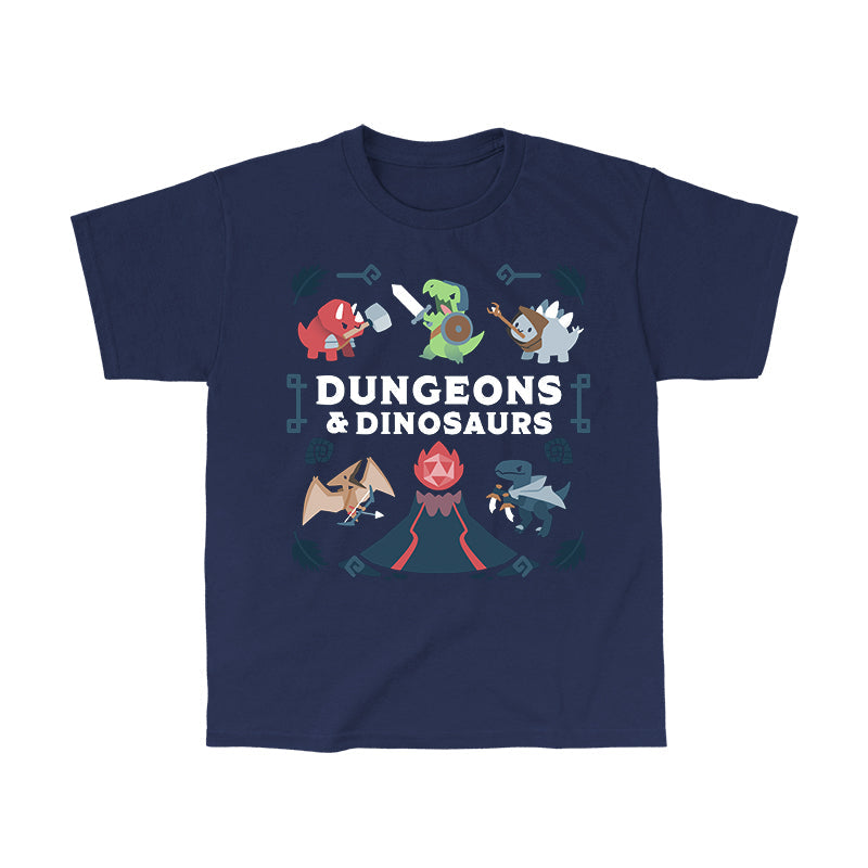 Classic Cotton T-shirt_TeeTurtle Dungeons & Dinosaurs navy blue t-shirt featuring an illustration of a volcano erupting surrounded by numerous cartoon dinosaurs holding weapons.