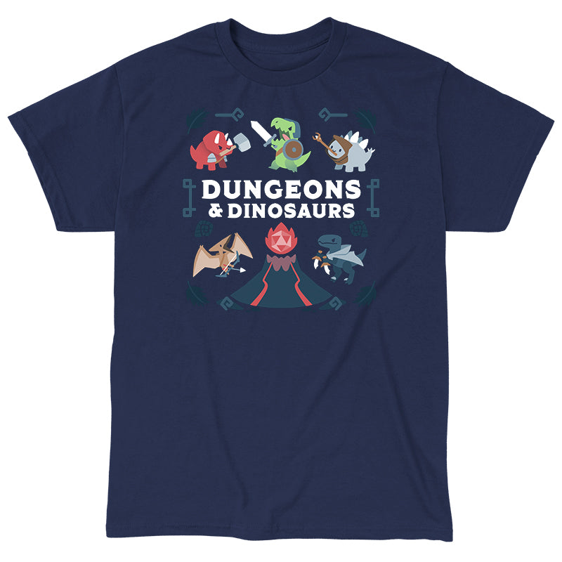 Classic Cotton T-shirt_TeeTurtle Dungeons & Dinosaurs navy blue t-shirt featuring an illustration of a volcano erupting surrounded by numerous cartoon dinosaurs holding weapons.