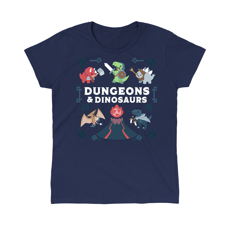 Classic Cotton T-shirt_TeeTurtle Dungeons & Dinosaurs navy blue t-shirt featuring an illustration of a volcano erupting surrounded by numerous cartoon dinosaurs holding weapons.