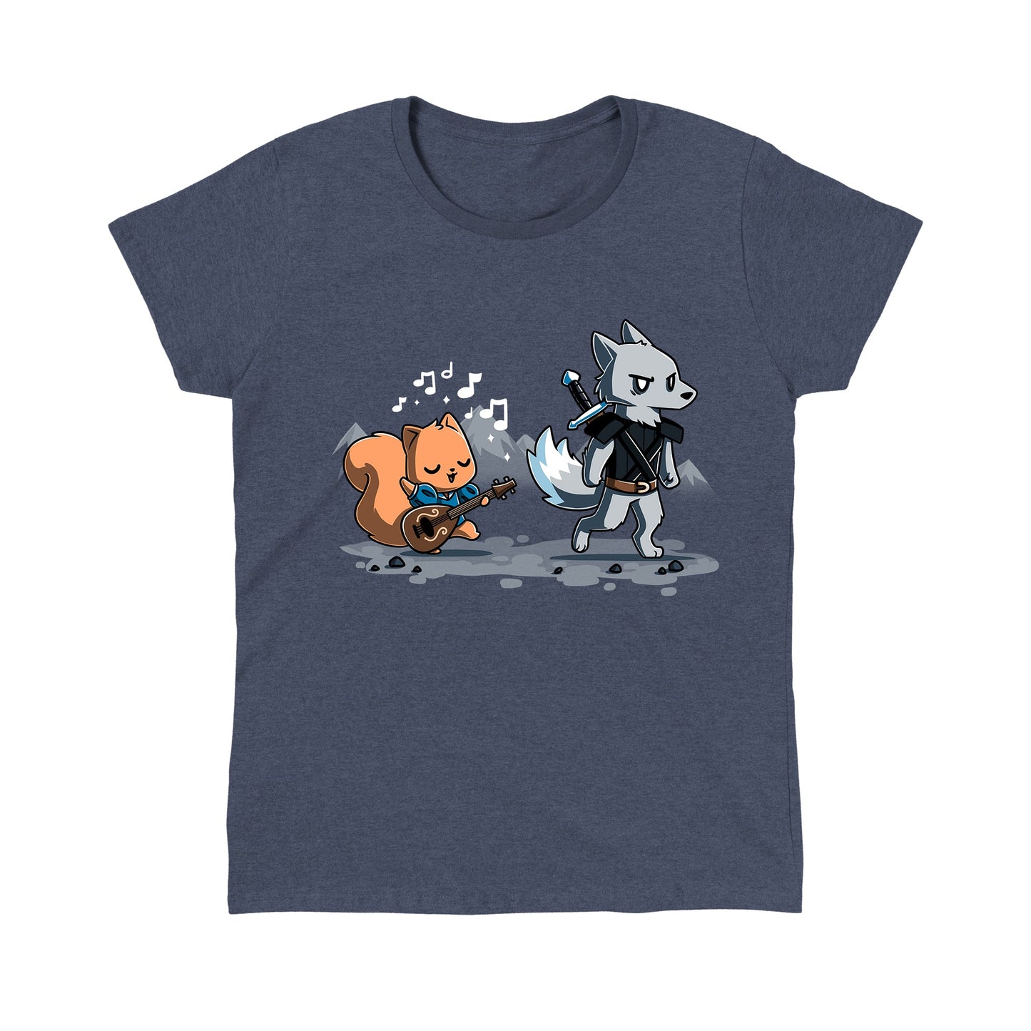 Classic Cotton T-shirt_Teeturtle Ballad of the Bard heather navy t-shirt featuring a squirrel playing a guitar with music notes around, while a wolf in armor holding a sword walks ahead in a mountain landscape.