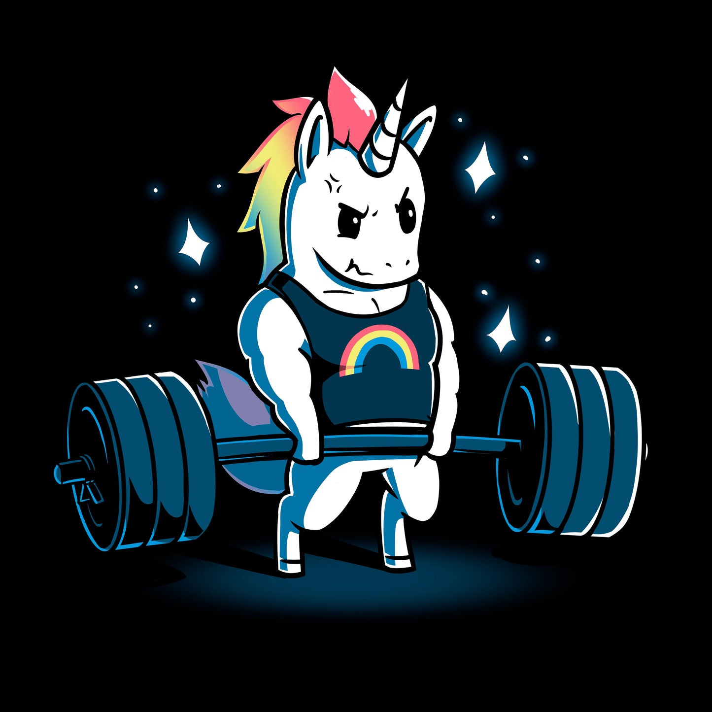 Classic Cotton T-shirt_TeeTurtle Gym Unicorn black t-shirt featuring an illustration of a white unicorn with rainbow hair wearing a black shirt with a rainbow on it lifting weights surrounded by stars.