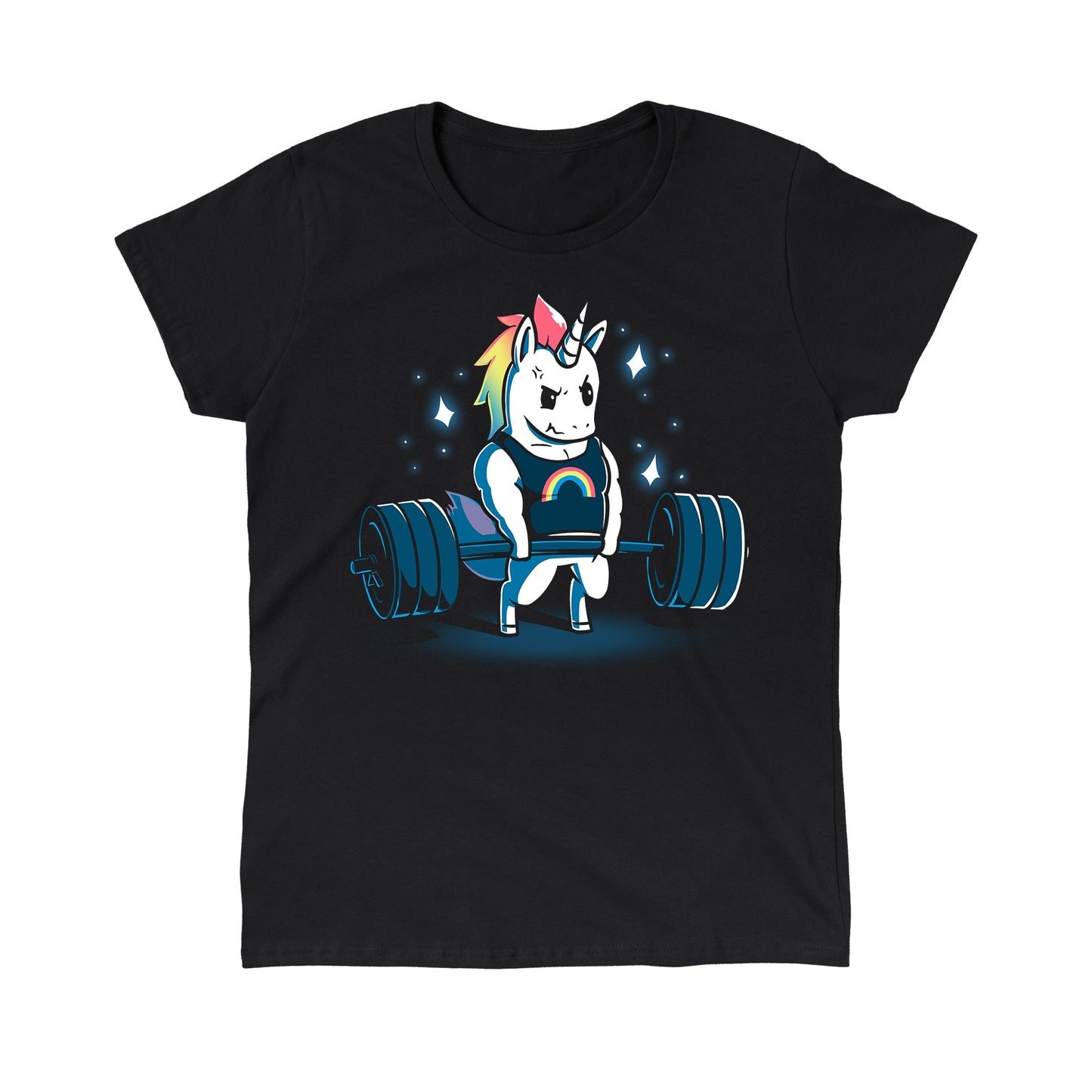 Classic Cotton T-shirt_TeeTurtle Gym Unicorn black t-shirt featuring an illustration of a white unicorn with rainbow hair wearing a black shirt with a rainbow on it lifting weights surrounded by stars.