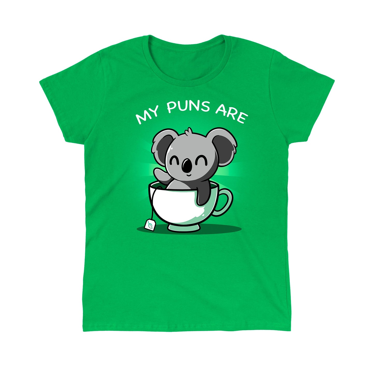 Classic Cotton T-shirt_TeeTurtle Koala Tea Puns irish green t-shirt featuring a koala sitting in a tea cup with a pun below it.
