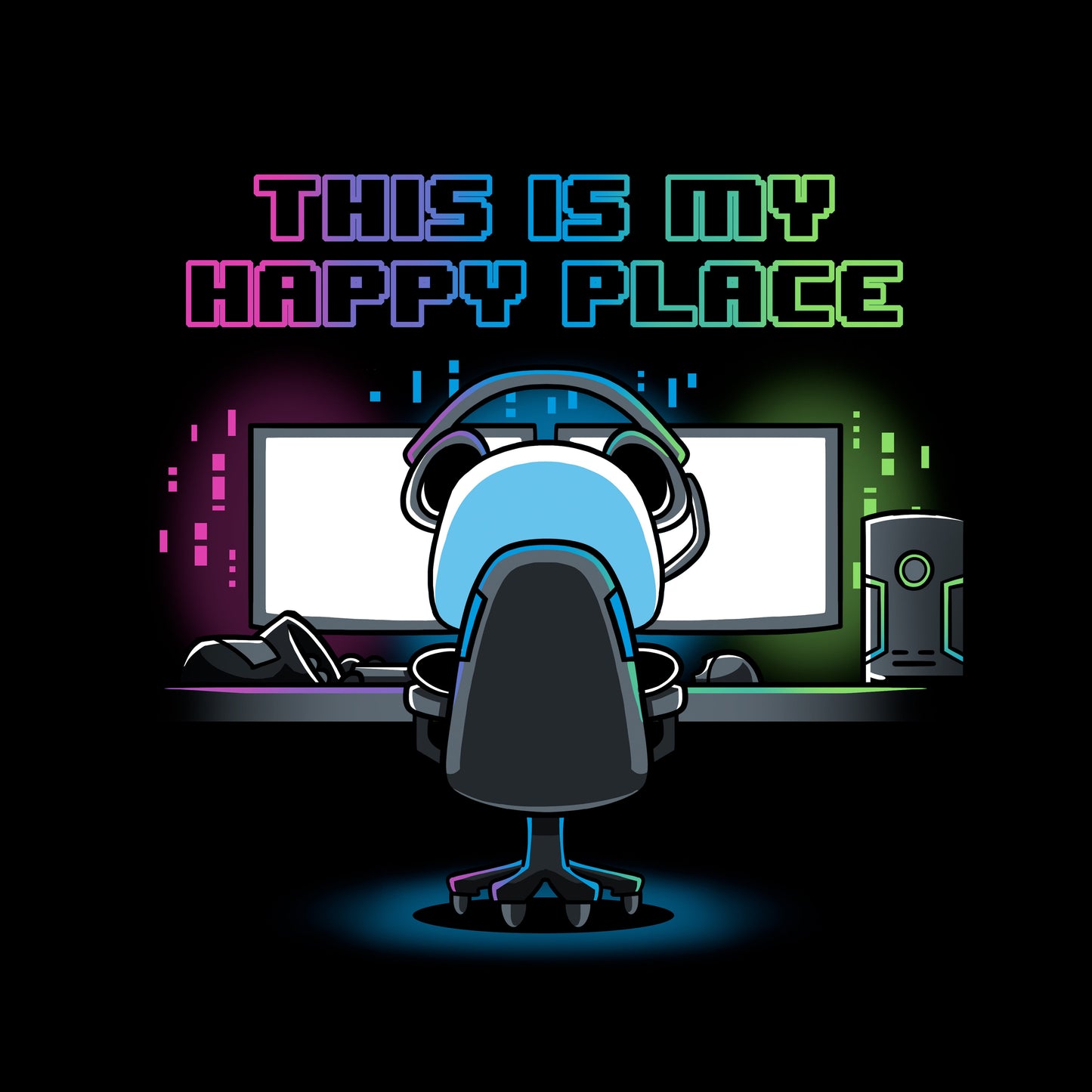 Classic Cotton T-shirt_Illustration of a person sitting at a computer desk with multiple monitors, wearing a headset and a black apparel. Above them, text reads "My Rig is My Happy Place" by monsterdigital in colorful neon letters.