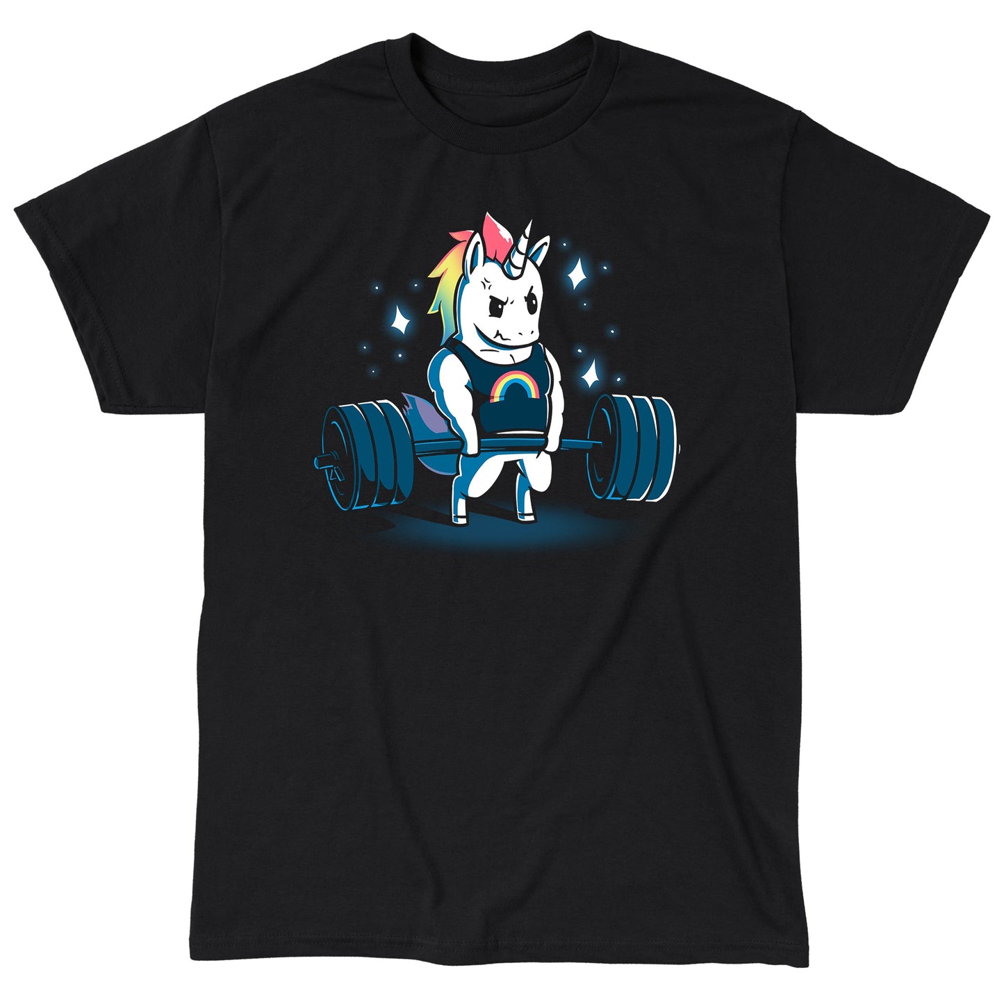 Classic Cotton T-shirt_TeeTurtle Gym Unicorn black t-shirt featuring an illustration of a white unicorn with rainbow hair wearing a black shirt with a rainbow on it lifting weights surrounded by stars.