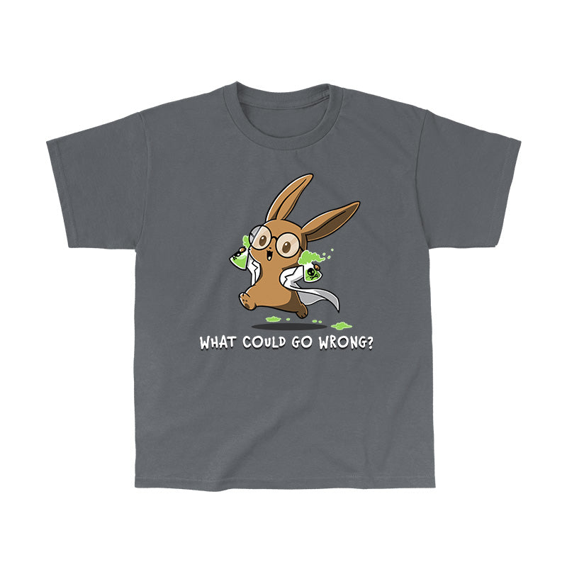 Classic Cotton T-shirt_TeeTurtle What Could Go Wrong? charcoal gray t-shirt featuring cartoon rabbit wearing glasses and a lab coat, holding two green, bubbling beakers.