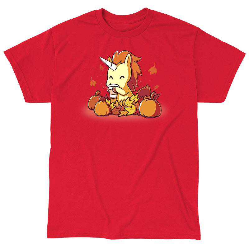 Classic Cotton T-shirt_TeeTurtle red Pumpkin Spice Unicorn. Featuring a unicorn drinking pumpkin spice coffee surrounded by pumpkins and falling leaves.