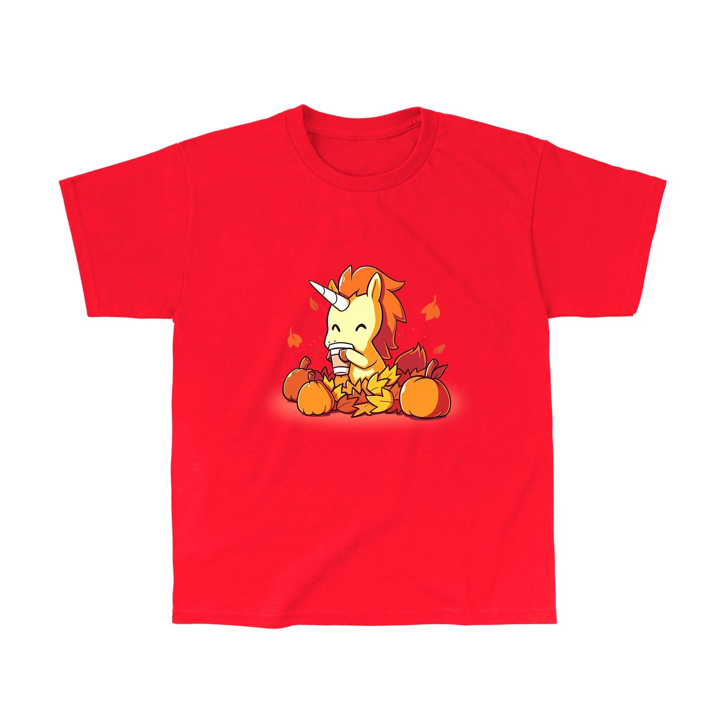 Classic Cotton T-shirt_TeeTurtle red Pumpkin Spice Unicorn. Featuring a unicorn drinking pumpkin spice coffee surrounded by pumpkins and falling leaves.