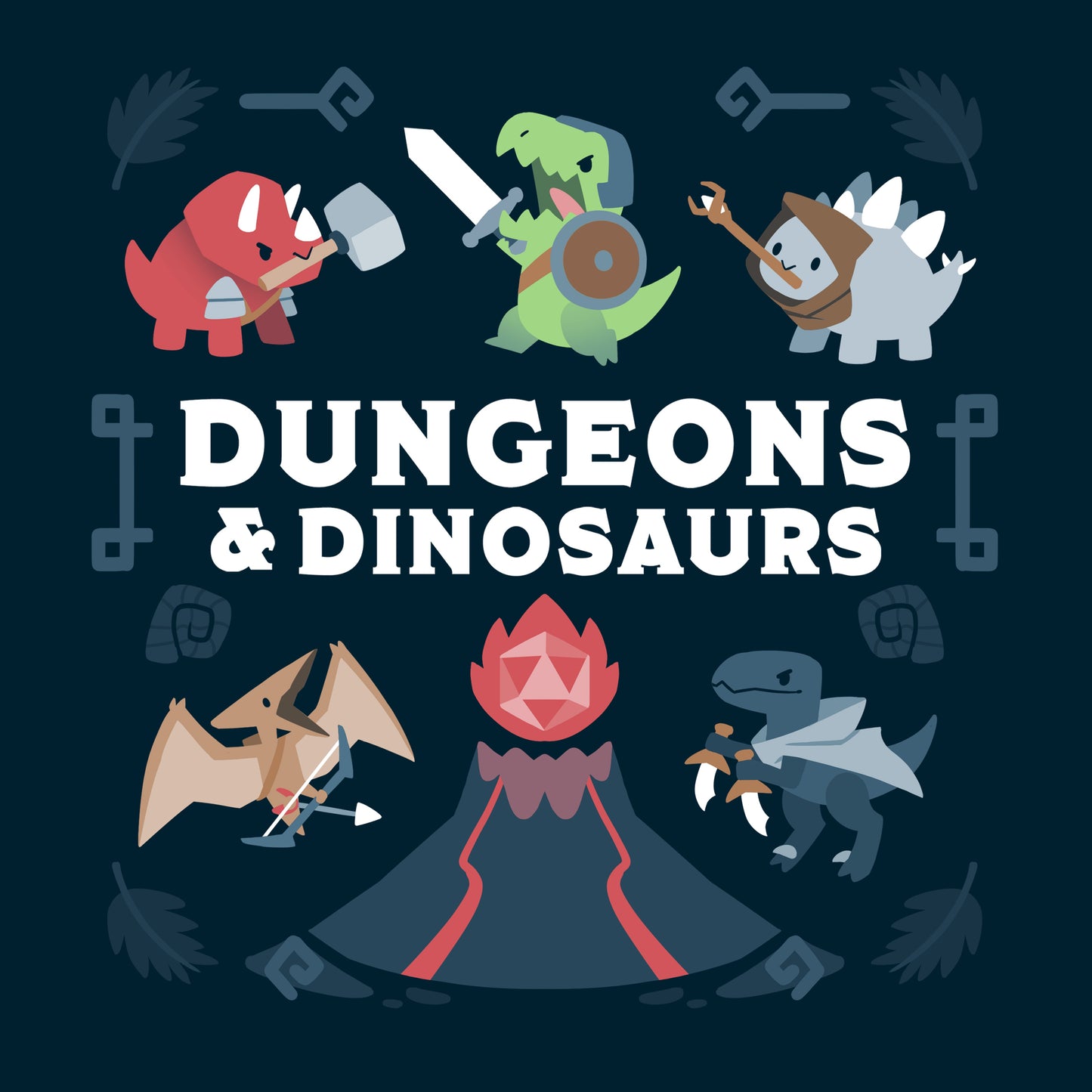 Premium Cotton T-shirt_TeeTurtle Dungeons & Dinosaurs navy blue t-shirt featuring an illustration of a volcano erupting surrounded by numerous cartoon dinosaurs holding weapons.