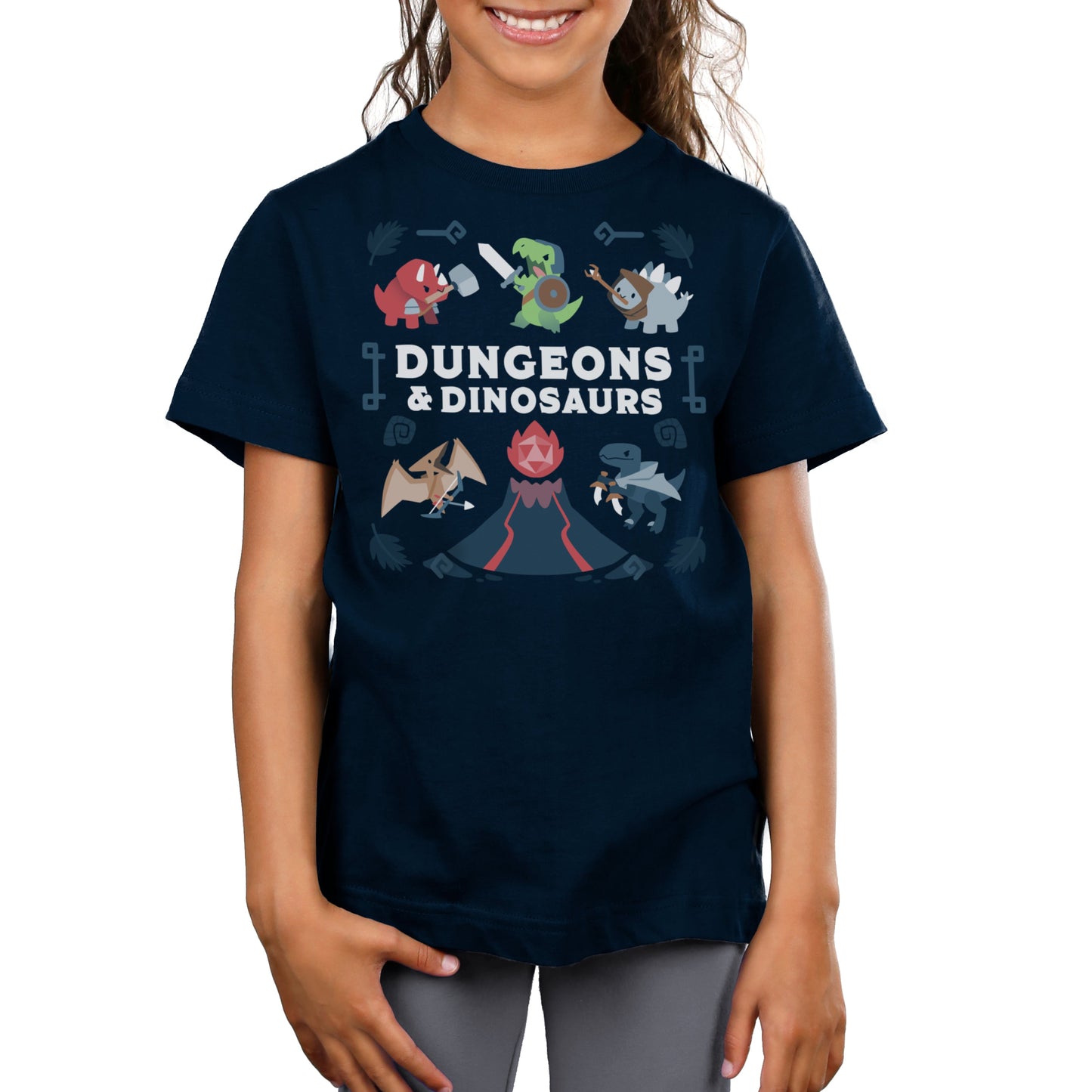 Premium Cotton T-shirt_TeeTurtle Dungeons & Dinosaurs navy blue t-shirt featuring an illustration of a volcano erupting surrounded by numerous cartoon dinosaurs holding weapons.