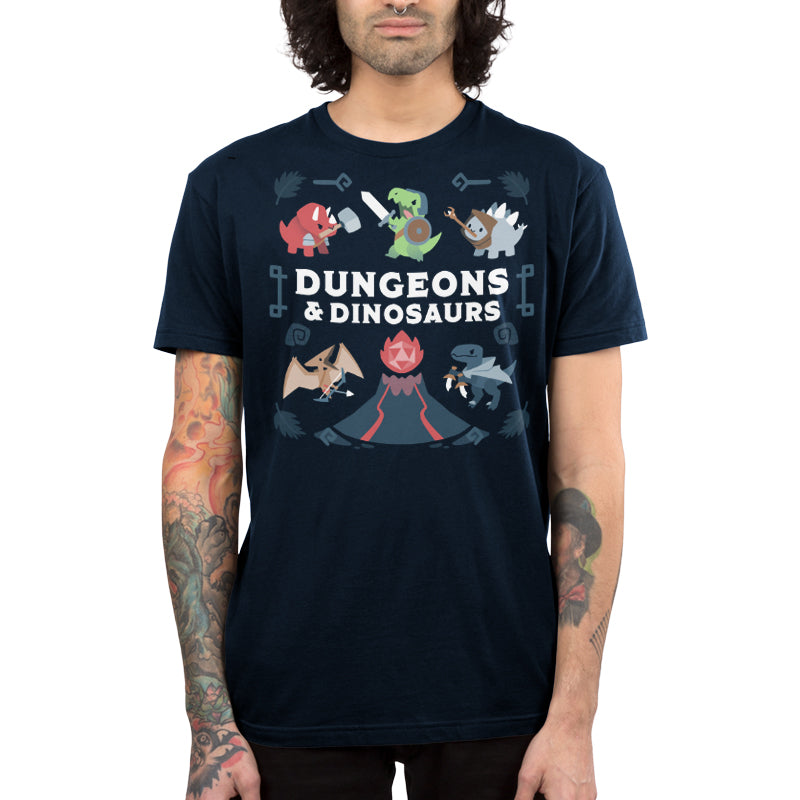 Premium Cotton T-shirt_TeeTurtle Dungeons & Dinosaurs navy blue t-shirt featuring an illustration of a volcano erupting surrounded by numerous cartoon dinosaurs holding weapons.