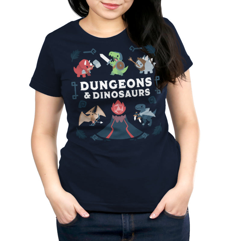 Premium Cotton T-shirt_TeeTurtle Dungeons & Dinosaurs navy blue t-shirt featuring an illustration of a volcano erupting surrounded by numerous cartoon dinosaurs holding weapons.