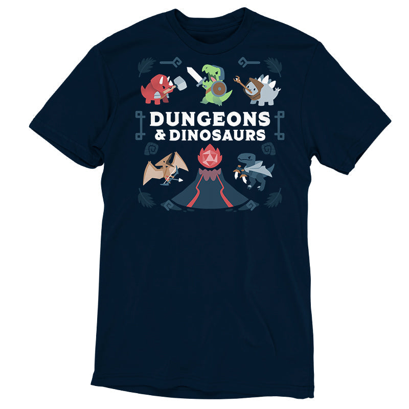 Premium Cotton T-shirt_TeeTurtle Dungeons & Dinosaurs navy blue t-shirt featuring an illustration of a volcano erupting surrounded by numerous cartoon dinosaurs holding weapons.