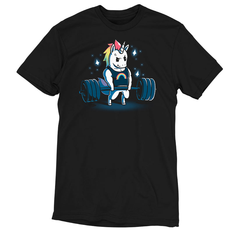 Premium Cotton T-shirt_TeeTurtle Gym Unicorn black t-shirt featuring an illustration of a white unicorn with rainbow hair wearing a black shirt with a rainbow on it lifting weights surrounded by stars.