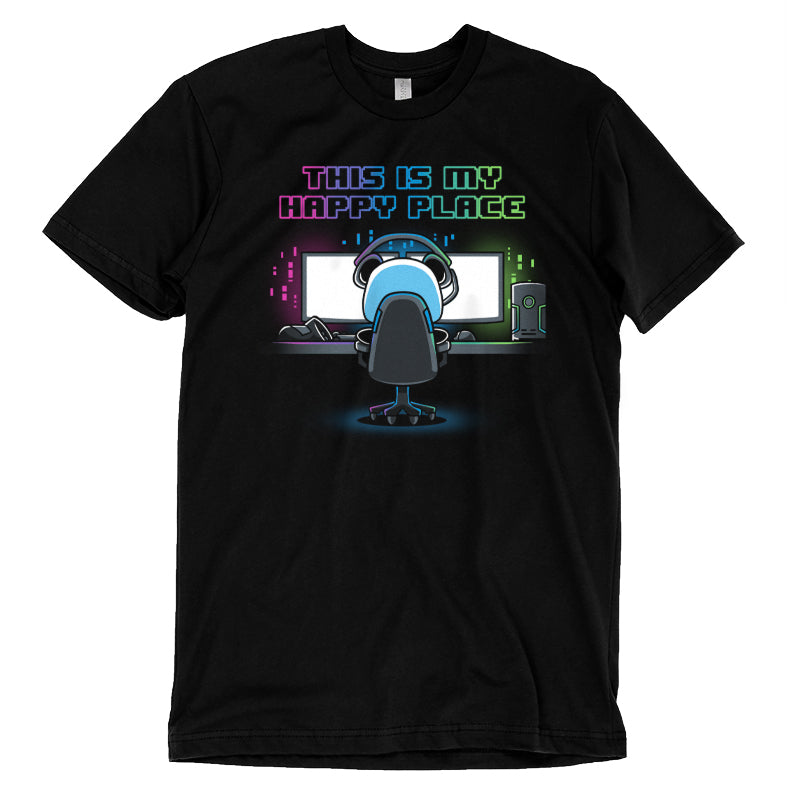 Premium Cotton T-shirt_Illustration of a person sitting at a computer desk with multiple monitors, wearing a headset and a black apparel. Above them, text reads "My Rig is My Happy Place" by monsterdigital in colorful neon letters.