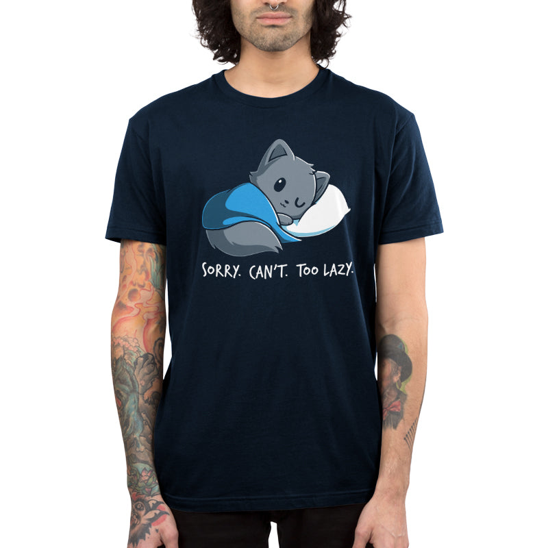 Premium Cotton T-shirt_TeeTurtle navy blue Sorry. Can't. Too Lazy.. Featuring a lazy cat curled up with a blanket and pillow.