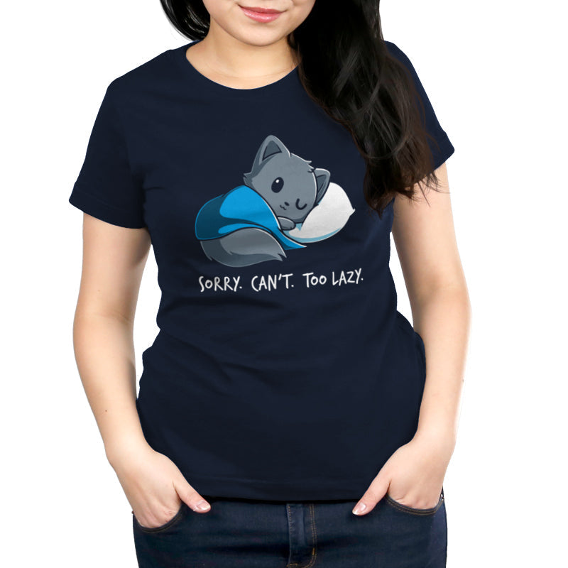 Premium Cotton T-shirt_TeeTurtle navy blue Sorry. Can't. Too Lazy.. Featuring a lazy cat curled up with a blanket and pillow.