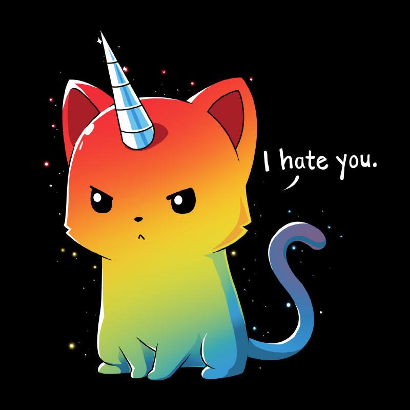 Premium Cotton T-shirt_TeeTurtle black The Magical Kittencorn. Featuring an angry rainbow kittencorn saying, "I hate you.".