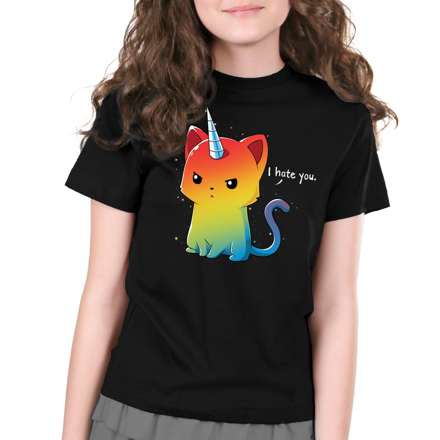 Premium Cotton T-shirt_TeeTurtle black The Magical Kittencorn. Featuring an angry rainbow kittencorn saying, "I hate you.".