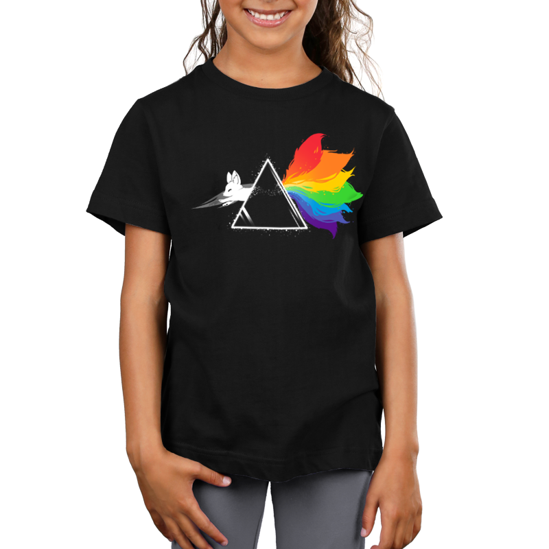 Premium Cotton T-shirt_TeeTurtle black Dark Side of the Kitsune. Featuring a white kitsune jumping through a triangular prism with a rainbow-colored tail.