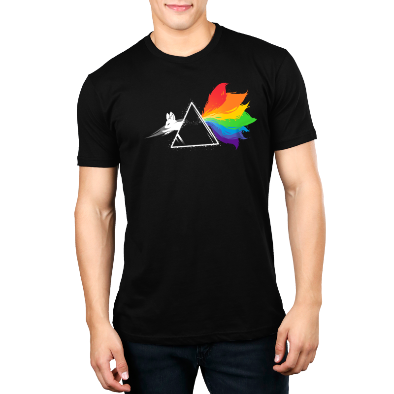 Premium Cotton T-shirt_TeeTurtle black Dark Side of the Kitsune. Featuring a white kitsune jumping through a triangular prism with a rainbow-colored tail.