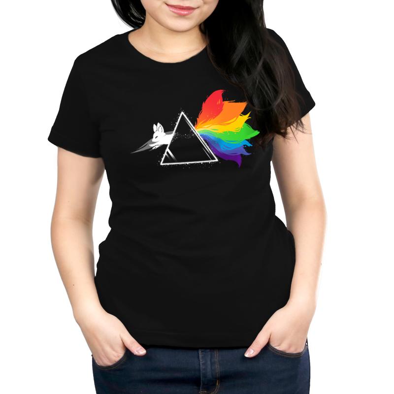 Premium Cotton T-shirt_TeeTurtle black Dark Side of the Kitsune. Featuring a white kitsune jumping through a triangular prism with a rainbow-colored tail.