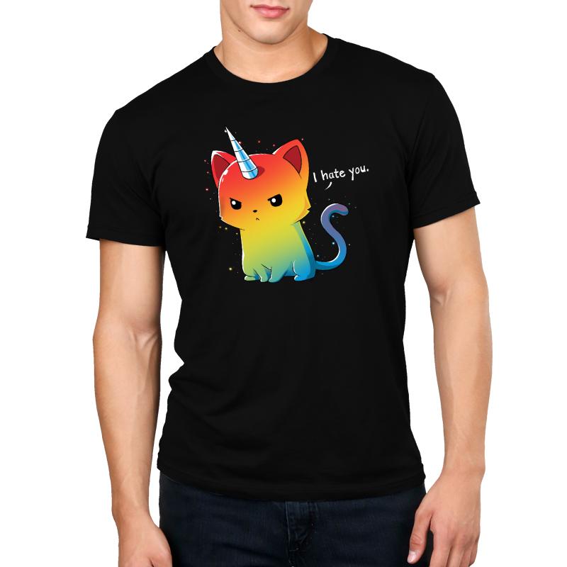 Premium Cotton T-shirt_TeeTurtle black The Magical Kittencorn. Featuring an angry rainbow kittencorn saying, "I hate you.".