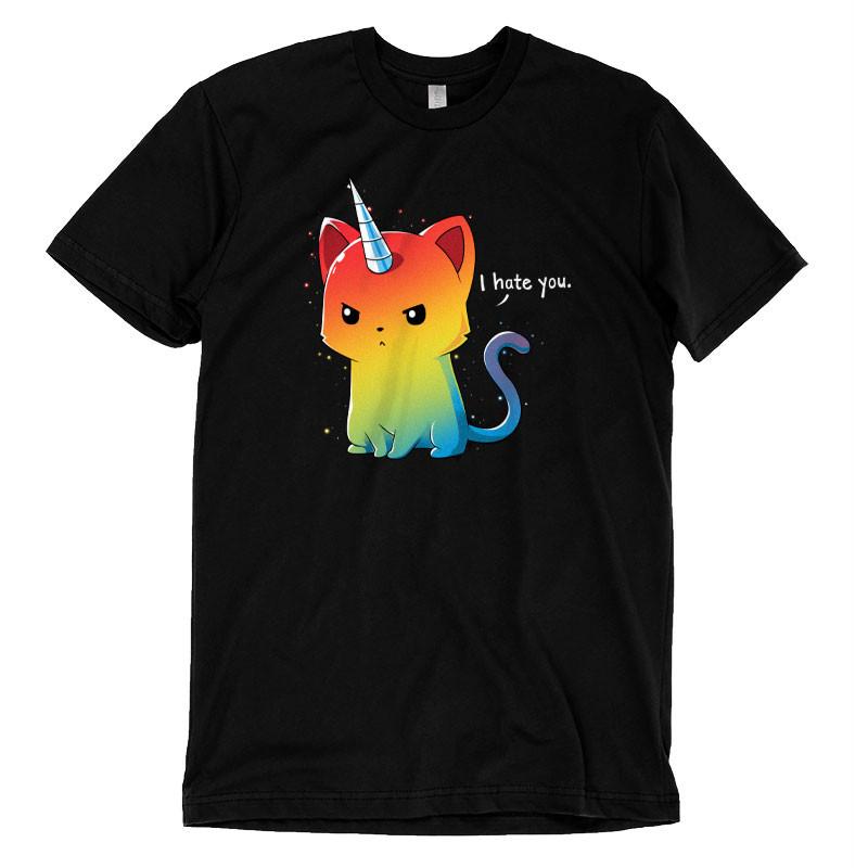 Premium Cotton T-shirt_TeeTurtle black The Magical Kittencorn. Featuring an angry rainbow kittencorn saying, "I hate you.".
