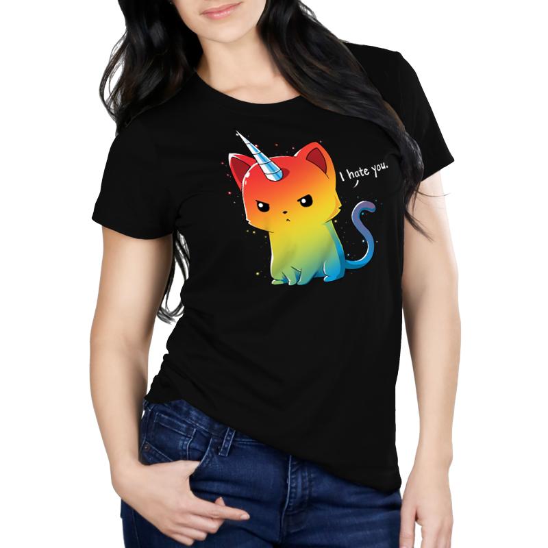 Premium Cotton T-shirt_TeeTurtle black The Magical Kittencorn. Featuring an angry rainbow kittencorn saying, "I hate you.".