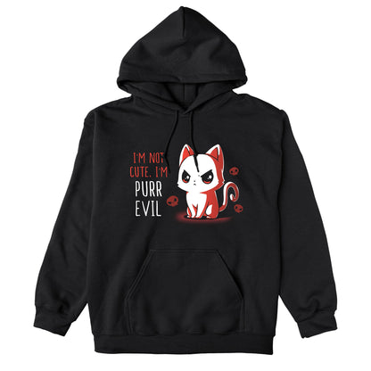 Pullover Hoodie_Illustration of a frowning red and white cat with the text "I'm not cute, I'm purr evil" against a black background, accompanied by small skull icons. Available on a super soft ringspun cotton black unisex tee, this "I'm Not Cute, I'm Purr Evil" apparel from monsterdigital is perfect for those who embrace their darker side.