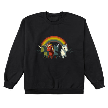 Crew Neck Sweatshirt_TeeTurtle black Four Unicorns of the Apocalypse. Featuring four apocalyptic unicorns with a rainbow in the background.
