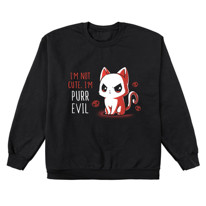 Crew Neck Sweatshirt_Illustration of a frowning red and white cat with the text "I'm not cute, I'm purr evil" against a black background, accompanied by small skull icons. Available on a super soft ringspun cotton black unisex tee, this "I'm Not Cute, I'm Purr Evil" apparel from monsterdigital is perfect for those who embrace their darker side.