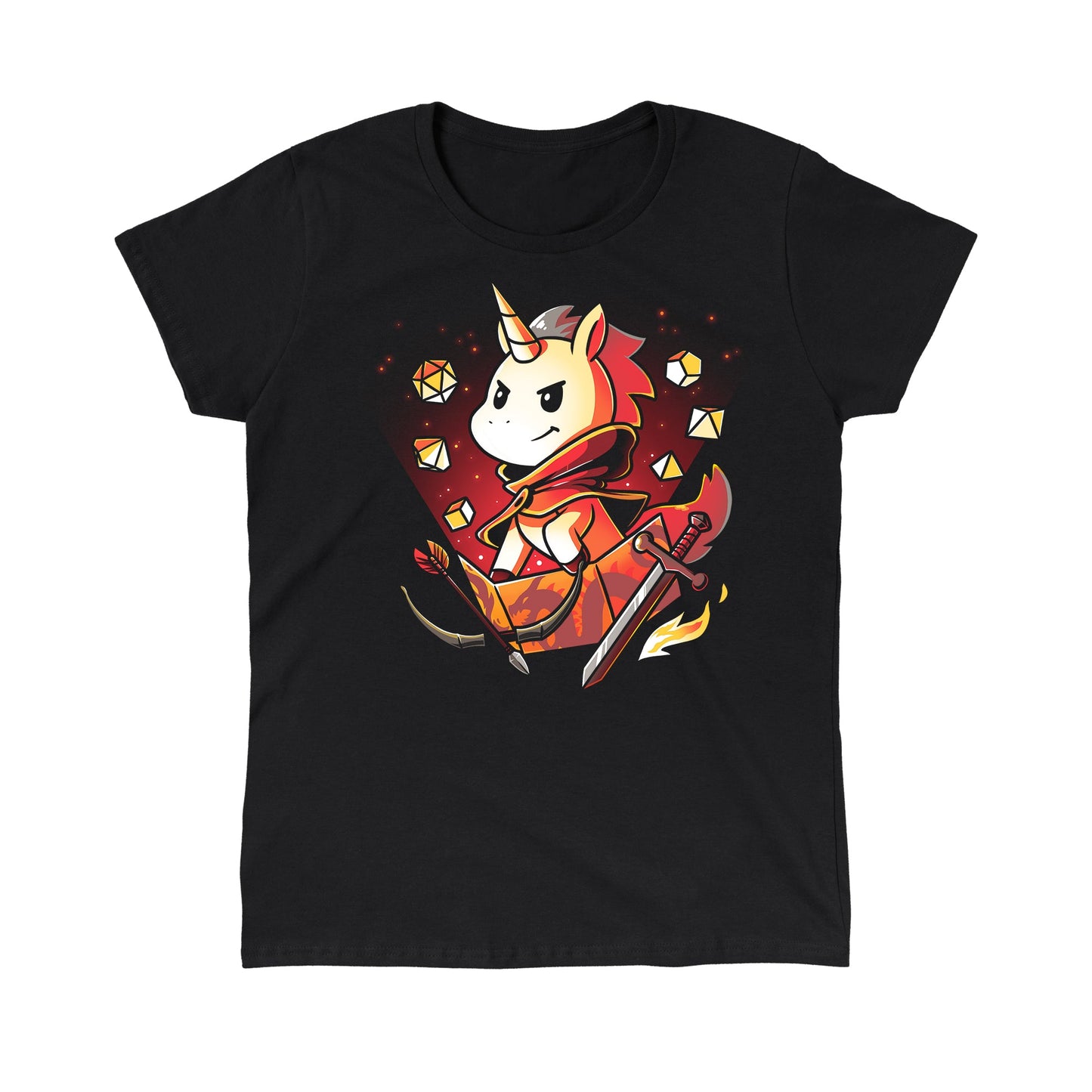 Classic Cotton T-shirt_TeeTurtle Dungeons & Unicorns black t-shirt featuring a unicorn dungeon master surrounded by tabletop gaming dice and weapons.