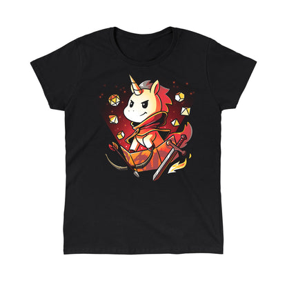 Classic Cotton T-shirt_TeeTurtle Dungeons & Unicorns black t-shirt featuring a unicorn dungeon master surrounded by tabletop gaming dice and weapons.