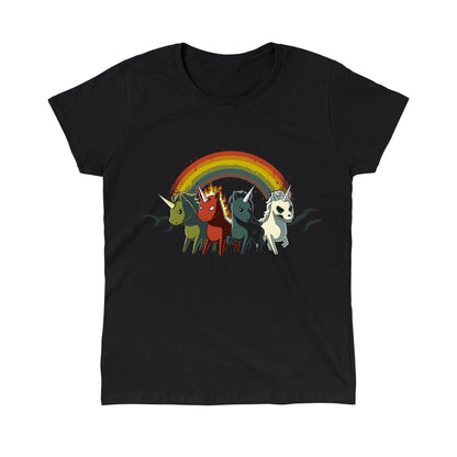 Classic Cotton T-shirt_TeeTurtle black Four Unicorns of the Apocalypse. Featuring four apocalyptic unicorns with a rainbow in the background.
