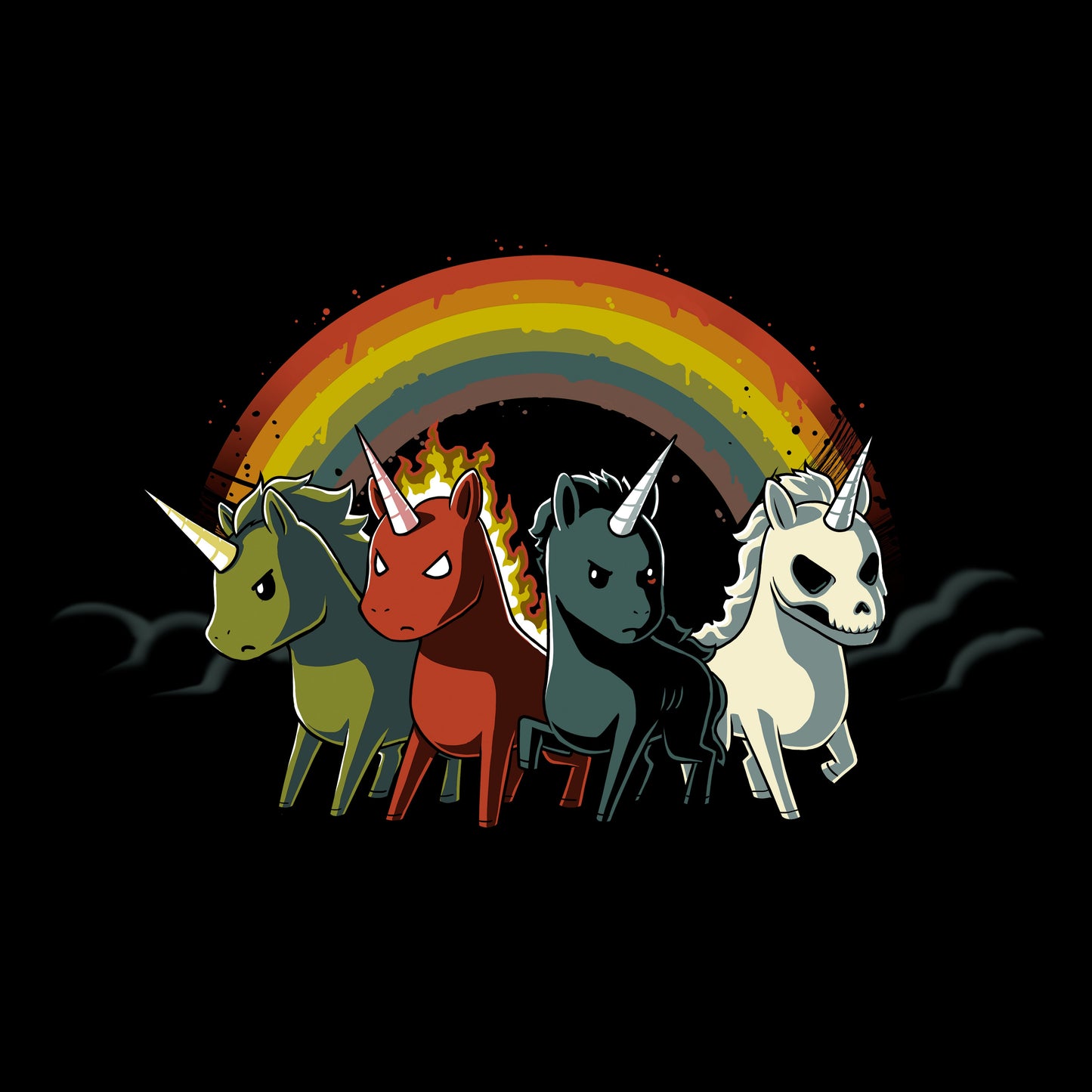 Crew Neck Sweatshirt_TeeTurtle black Four Unicorns of the Apocalypse. Featuring four apocalyptic unicorns with a rainbow in the background.