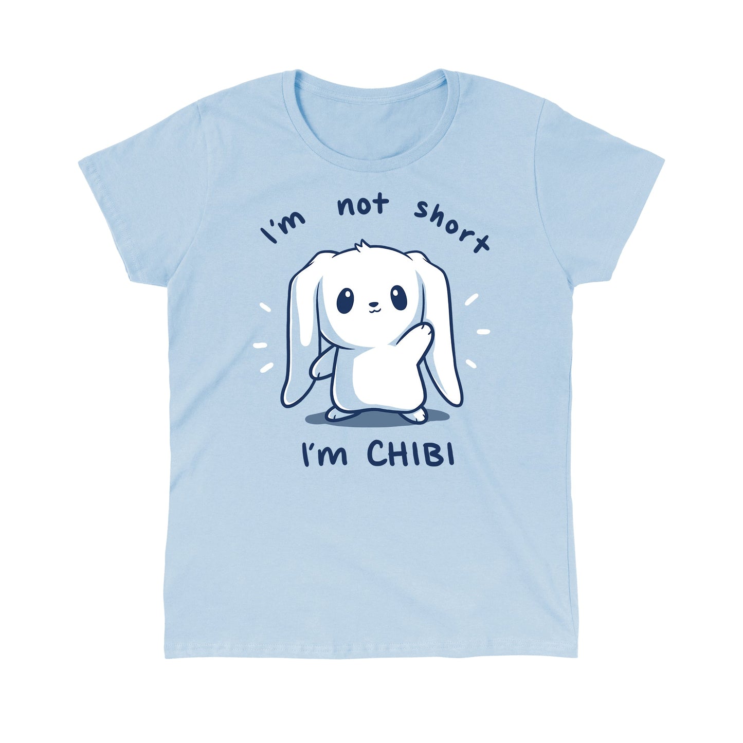 Classic Cotton T-shirt_TeeTurtle I'm Not Short, I'm Chibi! light blue t-shirt featuring a white bunny with long floppy ears waving. "I'm not short" is written on top, and "I'm CHIBI" is written underneath.