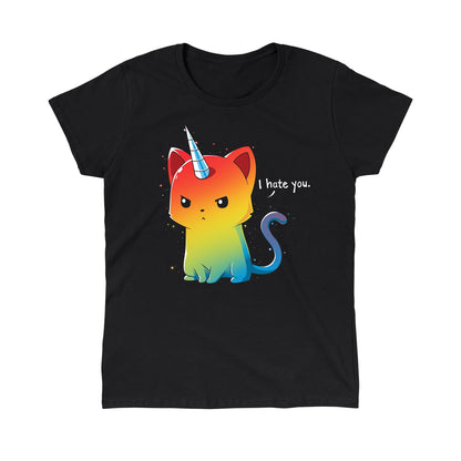 Classic Cotton T-shirt_TeeTurtle black The Magical Kittencorn. Featuring an angry rainbow kittencorn saying, "I hate you.".