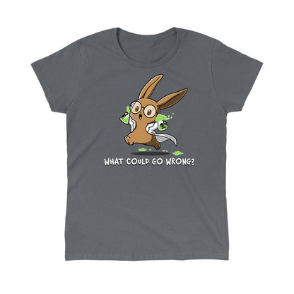 Classic Cotton T-shirt_TeeTurtle What Could Go Wrong? charcoal gray t-shirt featuring  cartoon rabbit wearing glasses and a lab coat, holding two green, bubbling beakers.