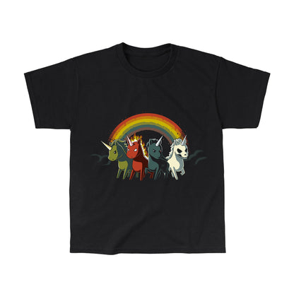 Classic Cotton T-shirt_TeeTurtle black Four Unicorns of the Apocalypse. Featuring four apocalyptic unicorns with a rainbow in the background.