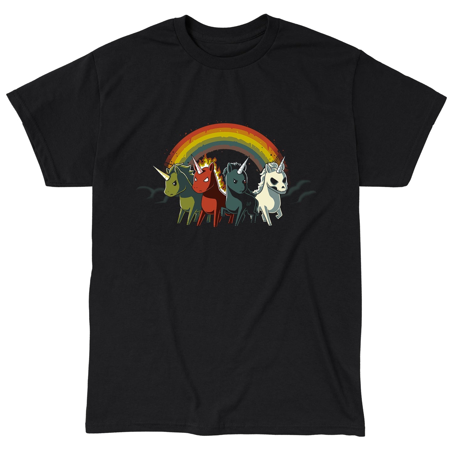 Classic Cotton T-shirt_TeeTurtle black Four Unicorns of the Apocalypse. Featuring four apocalyptic unicorns with a rainbow in the background.