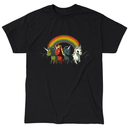 Classic Cotton T-shirt_TeeTurtle black Four Unicorns of the Apocalypse. Featuring four apocalyptic unicorns with a rainbow in the background.