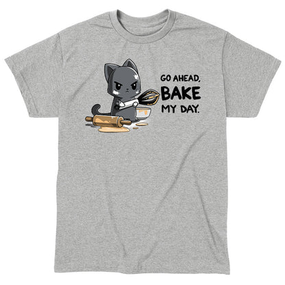 Classic Cotton T-shirt_TeeTurtle Go Ahead Bake My Day Heather Gray t-shirt featuring An angry cartoon cat holding a whisk and covered in dough stands next to a messy rolling pin and bowl with the text "Go Ahead, Bake My Day"
