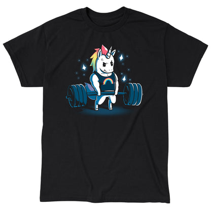 Classic Cotton T-shirt_TeeTurtle Gym Unicorn black t-shirt featuring an illustration of a white unicorn with rainbow hair wearing a black shirt with a rainbow on it lifting weights surrounded by stars. 