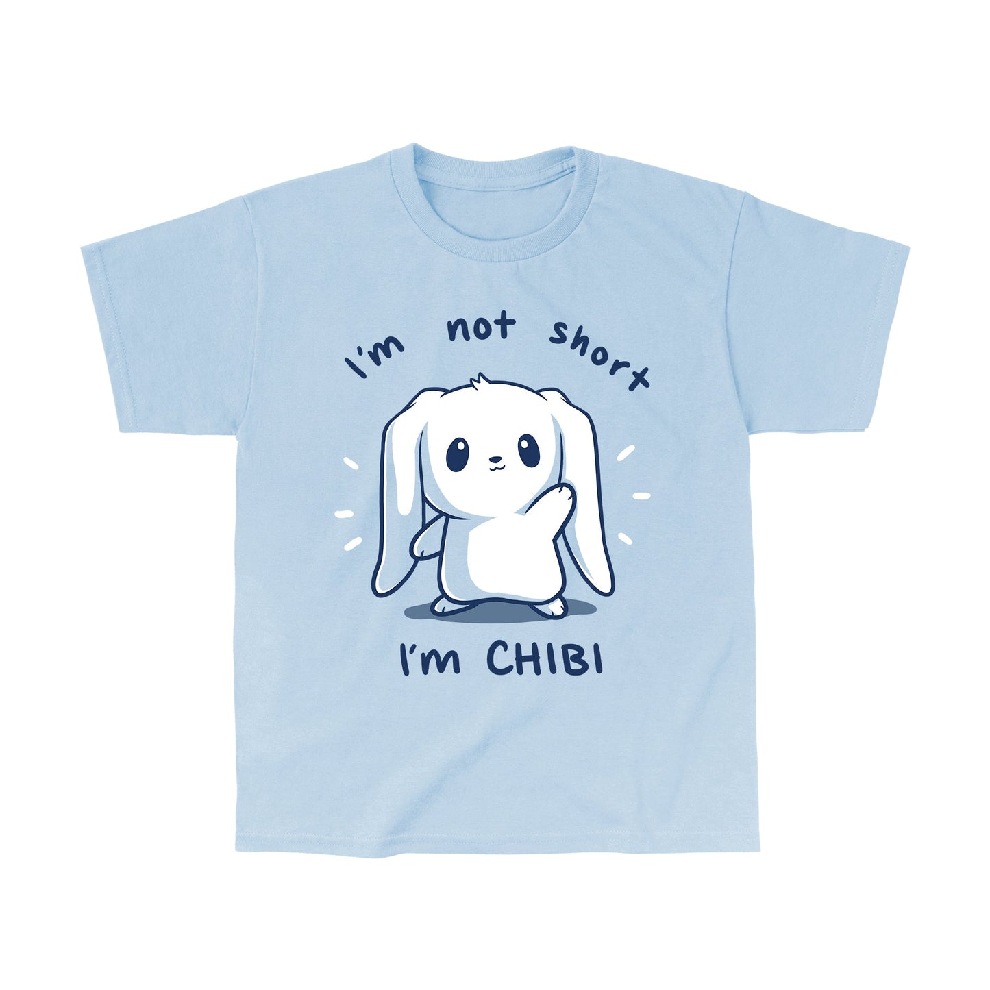 Classic Cotton T-shirt_TeeTurtle I'm Not Short, I'm Chibi! light blue t-shirt featuring a white bunny with long floppy ears waving. "I'm not short" is written on top, and "I'm CHIBI" is written underneath.