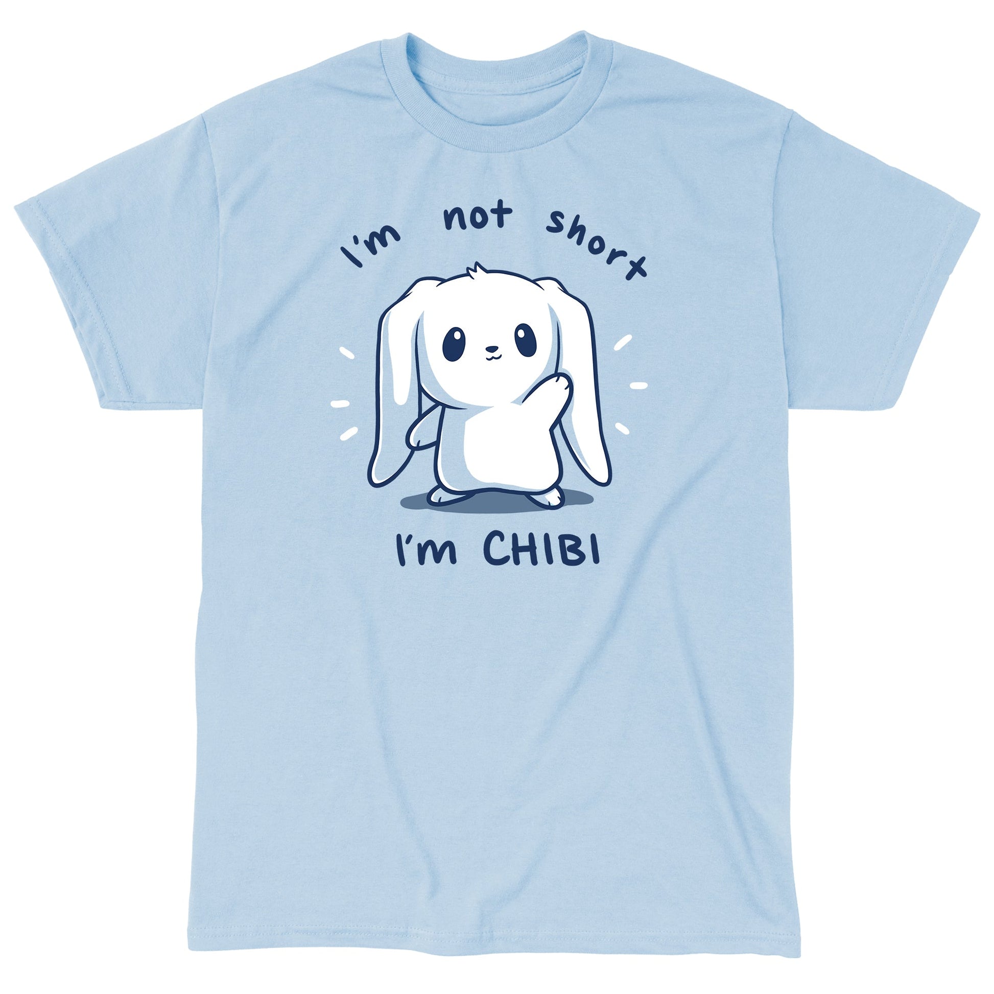 Classic Cotton T-shirt_TeeTurtle I'm Not Short, I'm Chibi! light blue t-shirt featuring a white bunny with long floppy ears waving. "I'm not short" is written on top, and "I'm CHIBI" is written underneath.