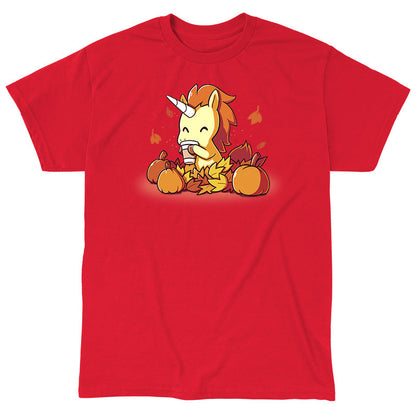 Classic Cotton T-shirt_TeeTurtle red Pumpkin Spice Unicorn. Featuring a unicorn drinking pumpkin spice coffee surrounded by pumpkins and falling leaves.
